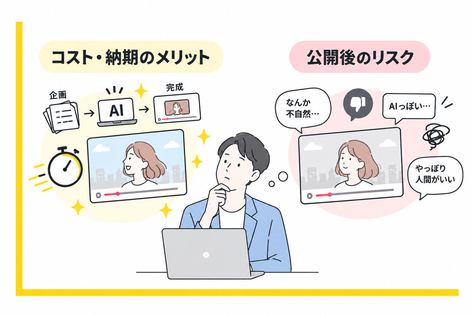 生成AI動画のコスト・納期のメリットと公開後のリスクを比較する図