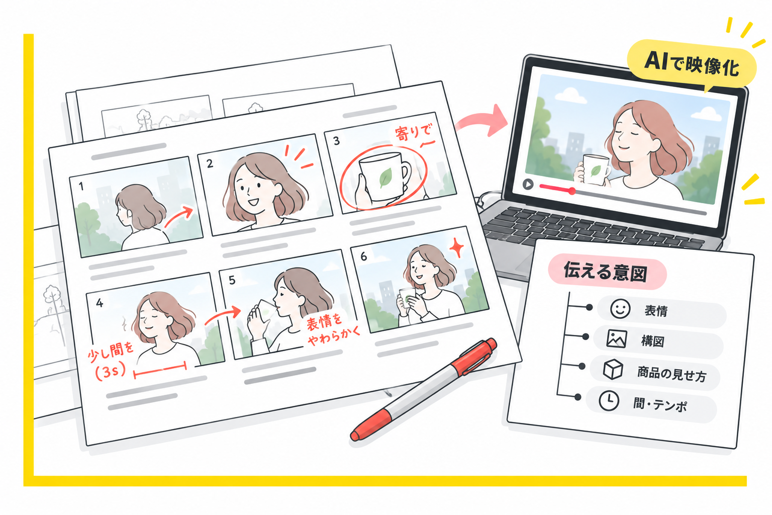 絵コンテで表情・構図・商品の見せ方・間を設計しAIで映像化する流れ