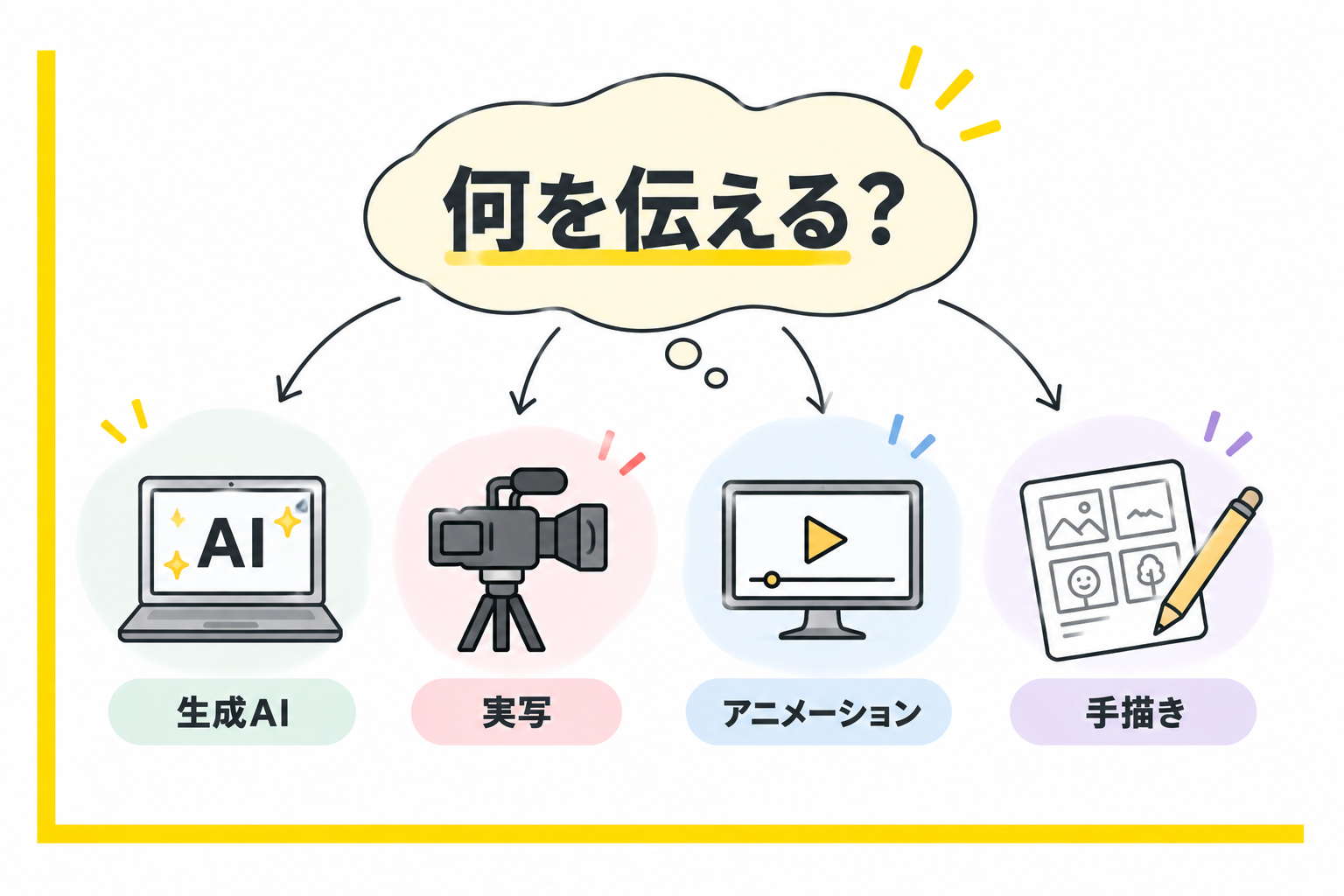 何を伝えるかを起点に生成AI・実写・アニメーション・手描きから制作手法を選ぶ図